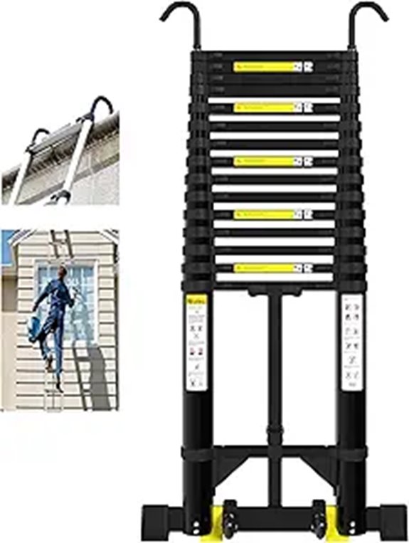 Telescoping Aluminum Extension Ladder with Hooks and Wheels