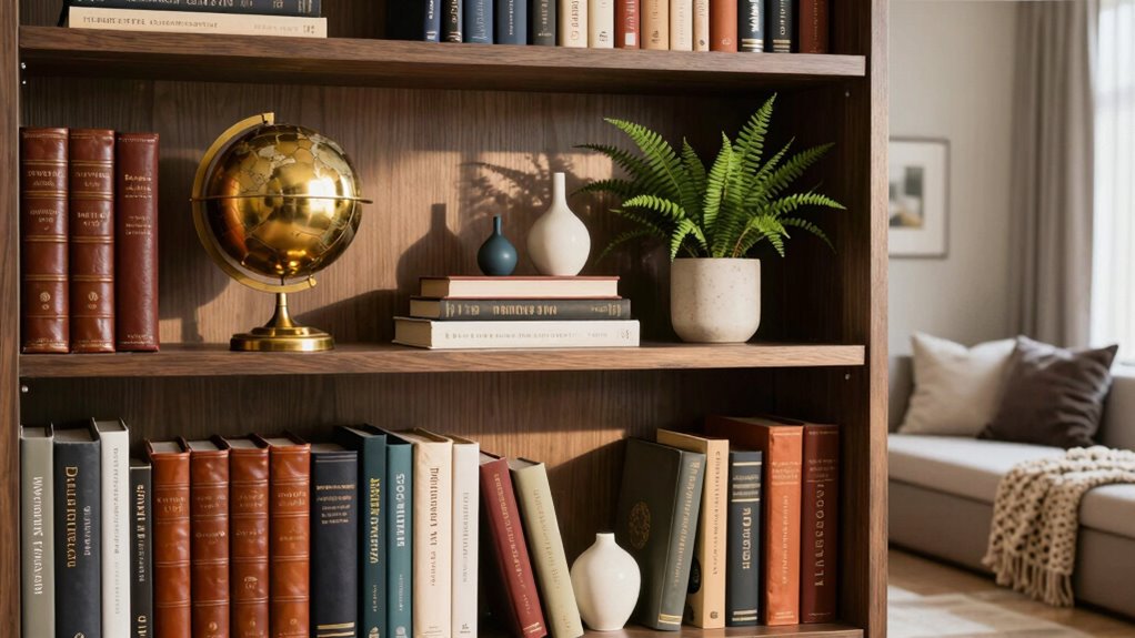 curated colorful bookshelf styling