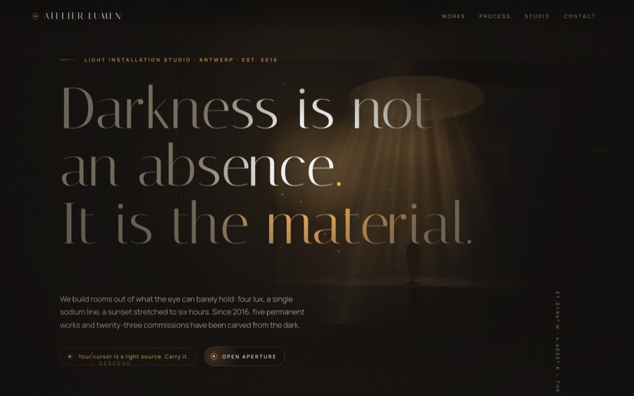 Atelier Lumen — Light Installation Studio, Antwerp — AI-Generated Light Simulation